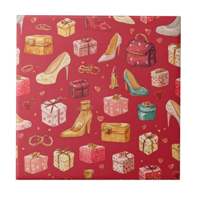 Red Coquette Christmas Glam Pattern Tile (Front)