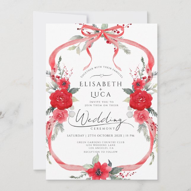 Red Coquette Christmas Winter Bow Monogram Wedding Invitation (Front)