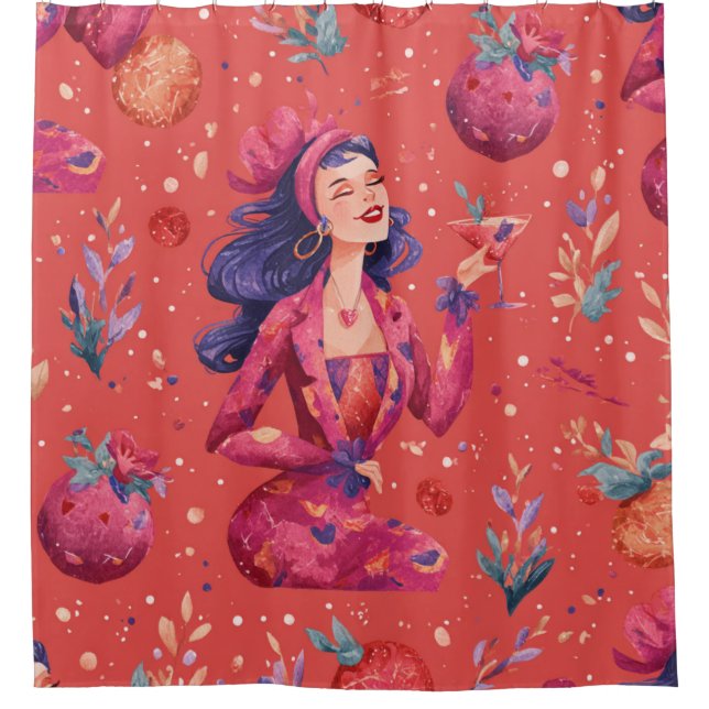 Red Coquette Cocktail Girl Pattern Shower Curtain (Front)