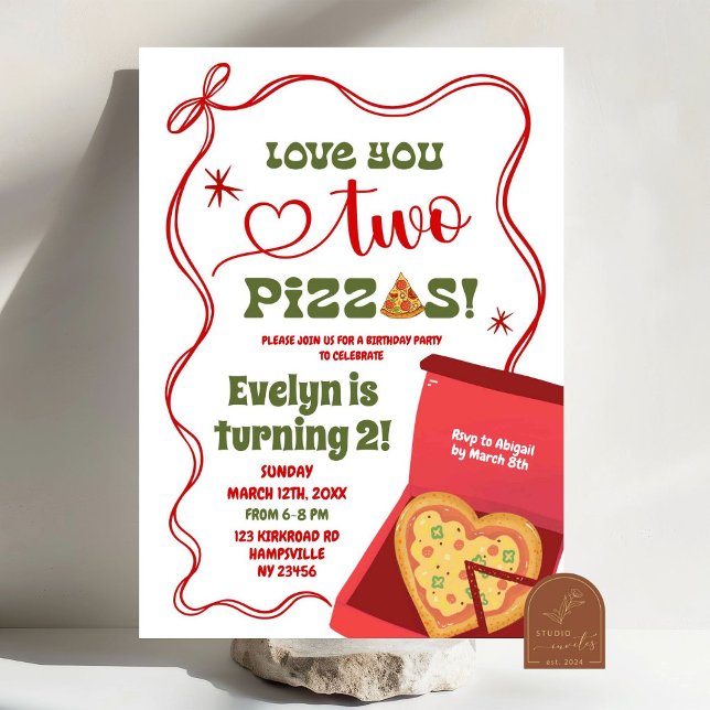 Red Coquette Love You Two Pizzas 2nd Birthday Girl Invitation (Creator Uploaded)