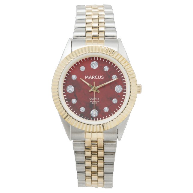 Red Coral Diamond Dial Custom Name Gift Watch (Front)