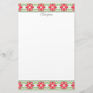 Red Coral Floral Patterned Recipe Sheets Stationery