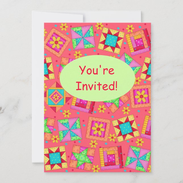Red Coral Green Patchwork Quilt Block Art Invitation (Front)