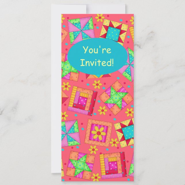 Red Coral Green Patchwork Quilt Block Art Invitation (Front)