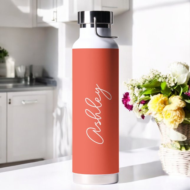 Red Coral Handwritten Text Elegant Water Bottle (Creator Uploaded)