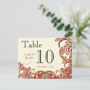 Red Coral Lime Paisley Wedding Table Number Postcard