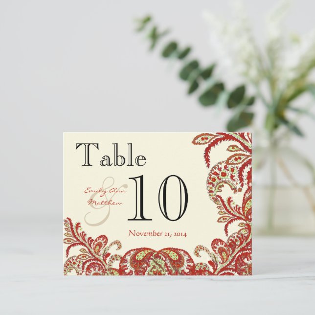 Red Coral Lime Paisley Wedding Table Number Postcard (Standing Front)