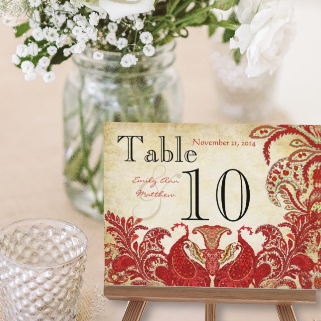 Red Coral Lime Paisley Wedding Table Number Postcard (Creator Uploaded)