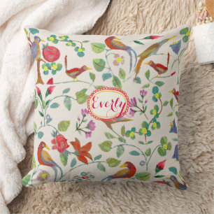 Red Coral Lime Pink Lilac Floral Bird Pattern Cushion