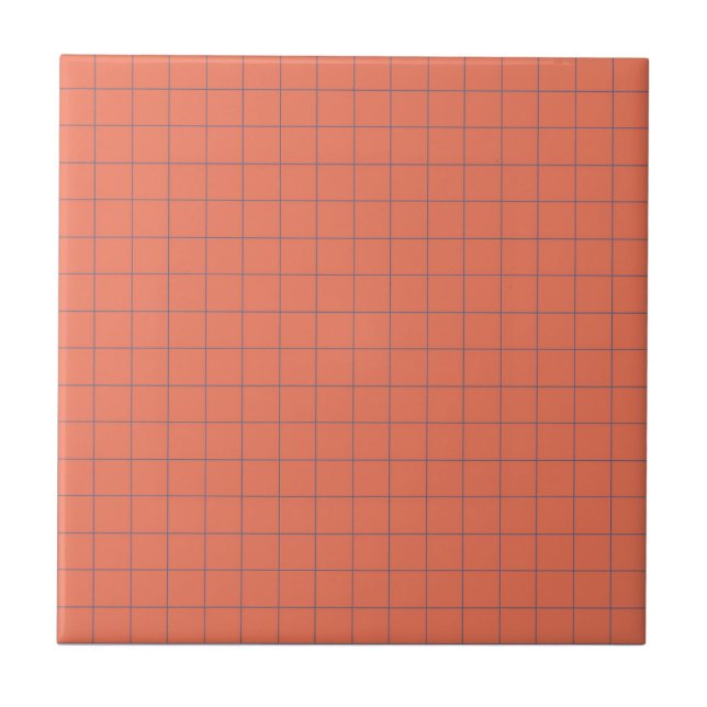 Red Coral & Navy Blue Chequered Pattern Retro Tile (Front)