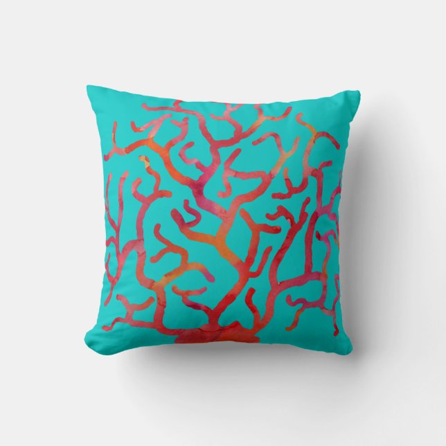Red Coral on Turquoise Cushion (Front)