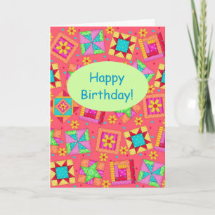 Red Coral Patchwork Quilt Block Art Happy Birthday Card