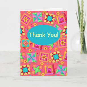 Red Coral Patchwork Quilt Block Art Thank You Card