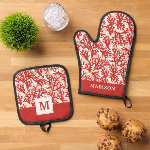 Red Coral Pattern 2 Oven Mitt & Pot Holder Set
