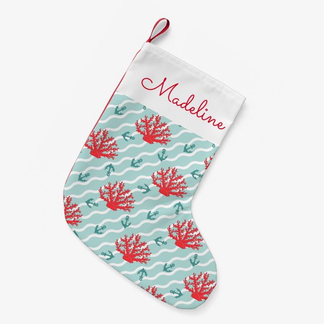 Red Coral Pattern | Add Your Name Small Christmas Stocking (Front (Hanging))