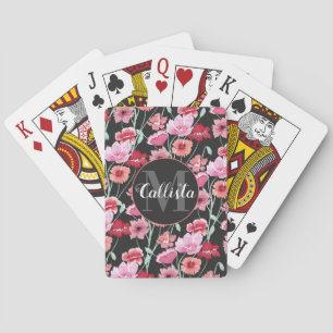 Red Coral Pink Black Watercolor Flowers Monogram Playing Cards