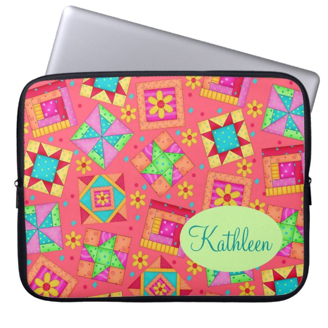 Red Coral Quilt Patchwork Block Art Custom Laptop Sleeve (Front)