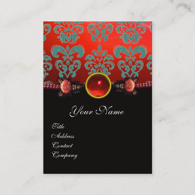 RED CORAL ROSES,AQUA BLUE BLACK DAMASK MONOGRAM BUSINESS CARD (Front)