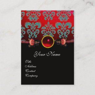 RED CORAL ROSES,AQUA BLUE BLACK DAMASK MONOGRAM BUSINESS CARD