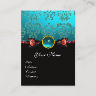 RED CORAL ROSES,AQUA BLUE BLACK DAMASK MONOGRAM BUSINESS CARD