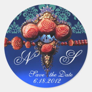 RED CORAL ROSES,AQUA BLUE BLACK DAMASK MONOGRAM CLASSIC ROUND STICKER