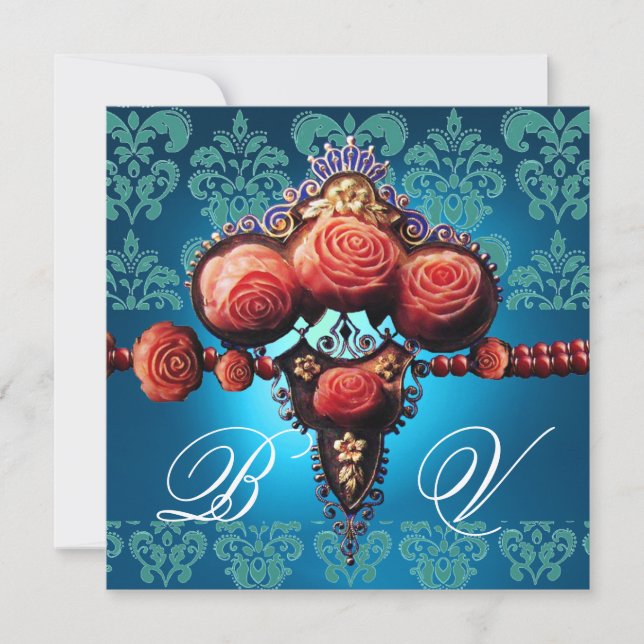 RED CORAL ROSES,AQUA BLUE BLACK DAMASK MONOGRAM INVITATION (Front)