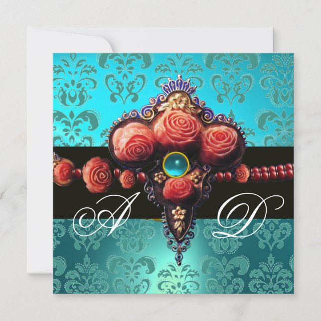 RED CORAL ROSES,AQUA BLUE BLACK DAMASK MONOGRAM INVITATION (Front)