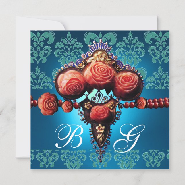 RED CORAL ROSES,AQUA BLUE BLACK DAMASK MONOGRAM INVITATION (Front)