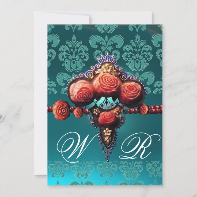 RED CORAL ROSES,AQUA BLUE BLACK DAMASK MONOGRAM INVITATION (Front)