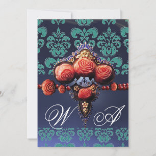 RED CORAL ROSES,AQUA BLUE BLACK DAMASK MONOGRAM INVITATION