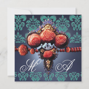 RED CORAL ROSES,AQUA BLUE BLACK DAMASK MONOGRAM INVITATION