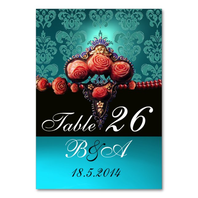 RED CORAL ROSES,AQUA BLUE BLACK DAMASK MONOGRAM TABLE NUMBER (Front)