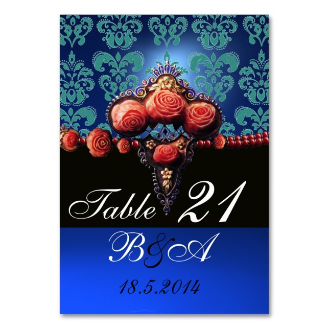 RED CORAL ROSES,AQUA BLUE  BLACK DAMASK MONOGRAM TABLE NUMBER (Back)