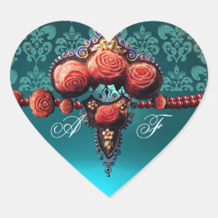 RED CORAL ROSES, BLUE BLACK DAMASK HEART MONOGRAM STICKER