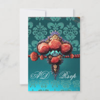 RED CORAL ROSES,BLUE BLACK DAMASK MONOGRAM RSVP