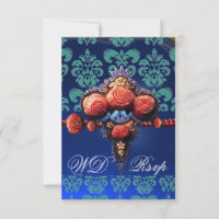 RED CORAL ROSES,BLUE BLACK DAMASK MONOGRAM RSVP