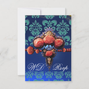 RED CORAL ROSES,BLUE BLACK DAMASK MONOGRAM RSVP CARD