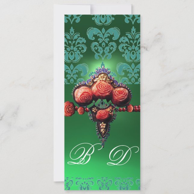 RED CORAL ROSES,BLUE GREEN BLACK DAMASK MONOGRAM INVITATION (Front)