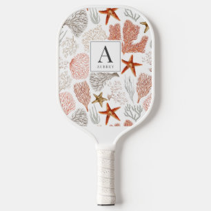 Red Coral & Starfish Pattern White Pickleball Paddle