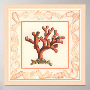 Red Coral with Conch Shell Border Poster
