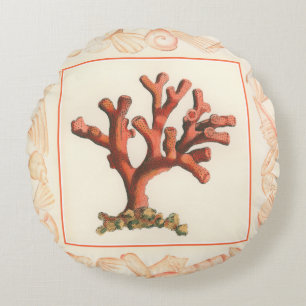 Red Coral with Conch Shell Border Round Cushion