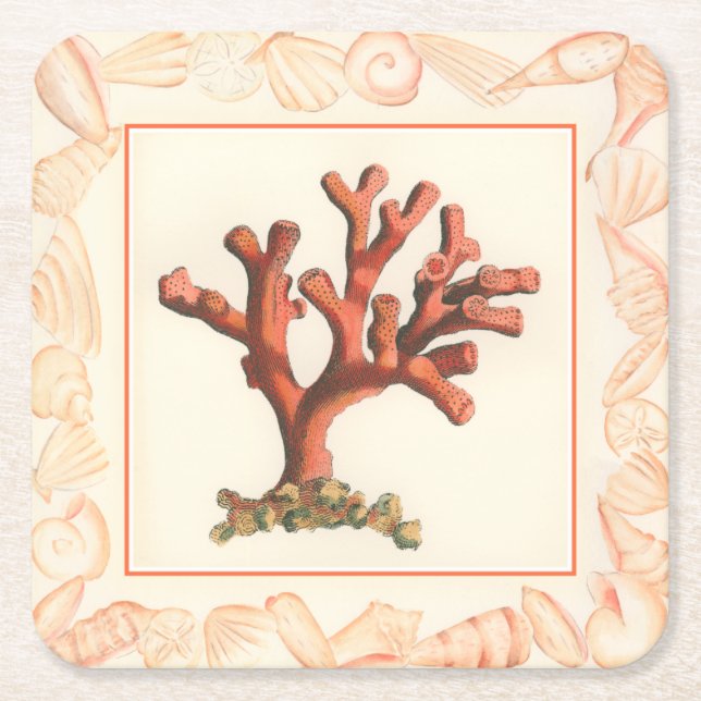 Red Coral with Conch Shell Border Square Paper Coaster (Front)