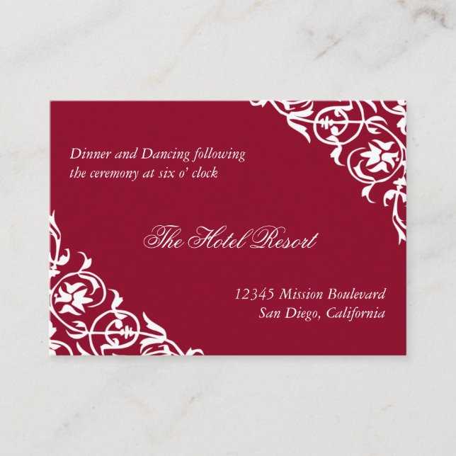 Red corner scroll wedding reception enclosure card (Front)