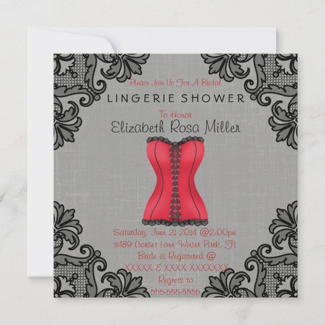 Red Corset & Black Lace Lingerie Bridal Shower Invitation (Front)