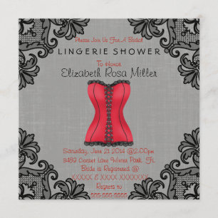 Red Corset & Black Lace Lingerie Bridal Shower Invitation