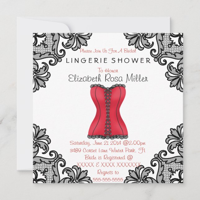 Red Corset & Black Lace Lingerie Bridal Shower Invitation (Front)