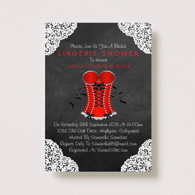 Red Corset White Lace Chalkboard Lingerie Shower Invitation (Creator Uploaded)