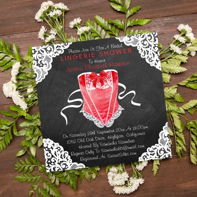 Red Corset White Lace Chalkboard Lingerie Shower Invitation (Creator Uploaded)