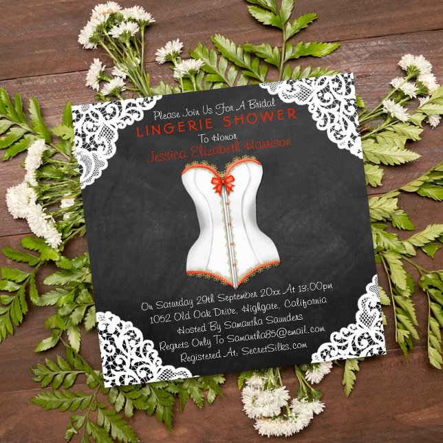 Red Corset White Lace Chalkboard Lingerie Shower Invitation (Creator Uploaded)