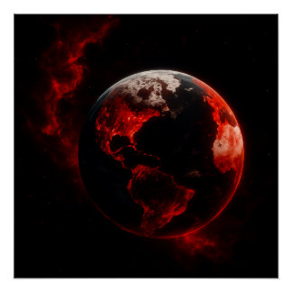 Red Cosmic Earth – Neon Apocalypse Planet Art | Hi Poster